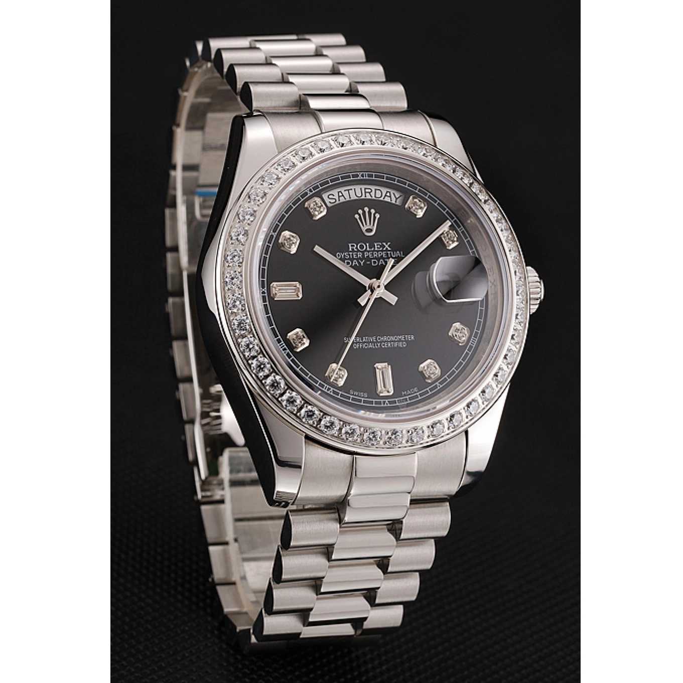Aaa replica watch Day-Date Bracelet Swiss Stainless Rolex Black Case Diamond Diamond Steel Dial 1453966 Numerals 0522
